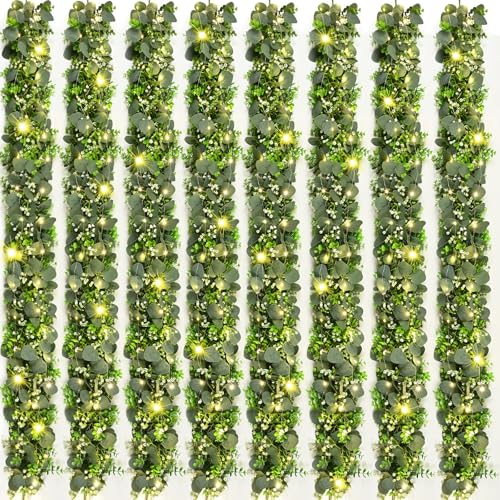 8Pcs Eucalyptus Garland with Lights Greenery Garland Green Garland with Flowers 5.9FT Artificial Faux Eucalyptus Leaves Vines for Table Mantle Home Wedding Party Indoor Outdoor Decor2 Long Lights