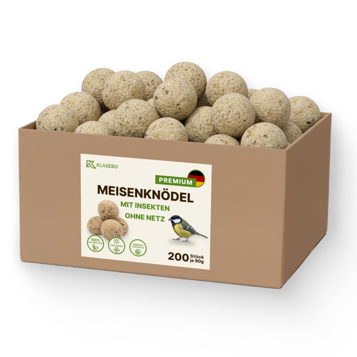 Premium Meisenknödel mit Insekten, 200 Stück (18kg) – Ganzjähriges Wildvogelfutter, Natürliche Zutaten, Ganzjährige Fütterung, Körnerfresser Delikatesse