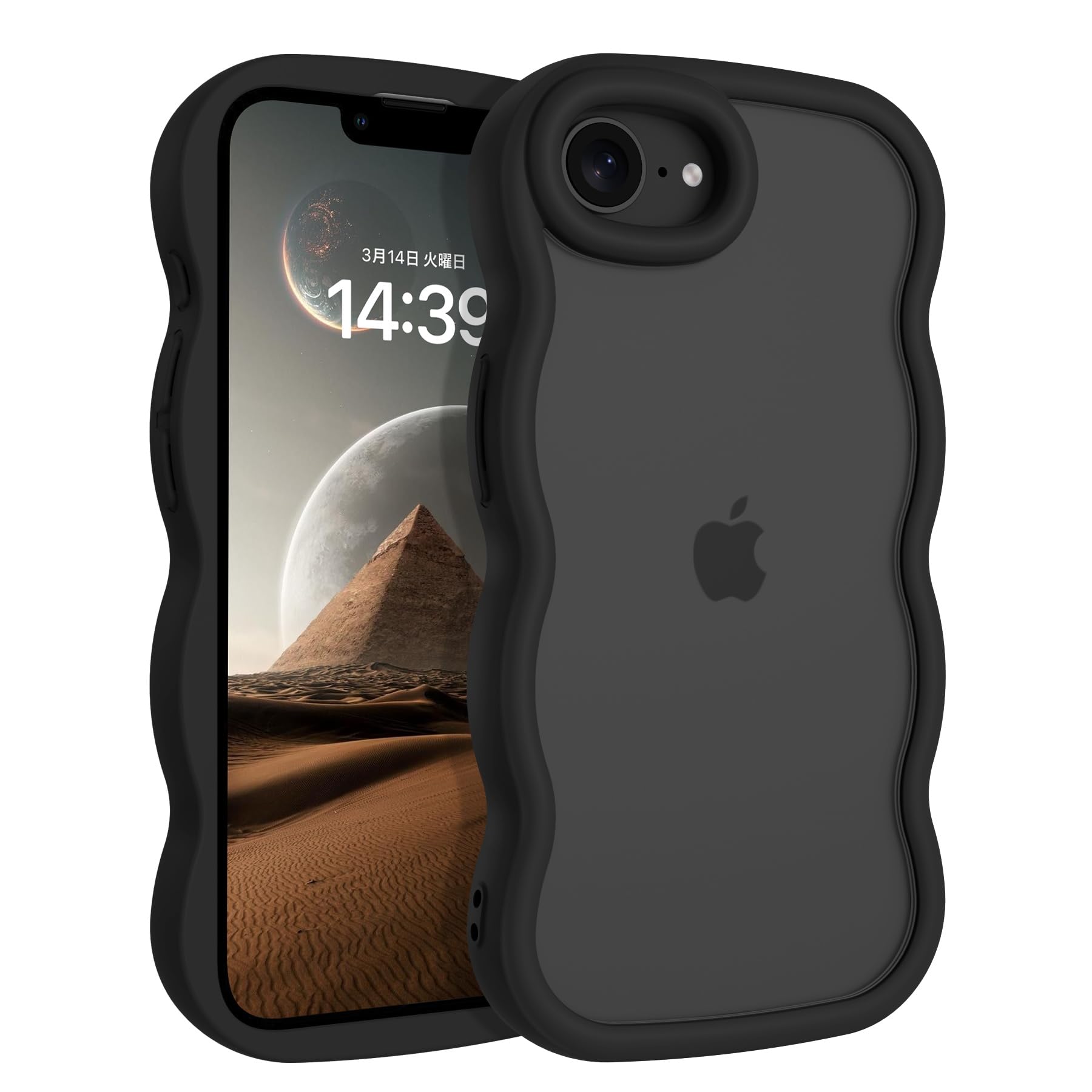DOMAVER iPhone 17e/16e 用ケース ブラック 波型 うねうね かわいい 韓国 人気 可愛い ソフト 超軽量 耐衝撃 指紋防止 ストラップホール付き 半透明 おしゃれ ウェーブ カバー iPhone17e/16e iPhone SE4 スマホケース 6.1インチ ブラック