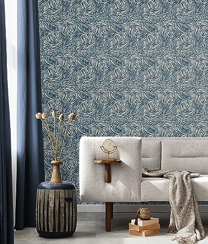 Image of Tommy Bahama - Peel and Stick Wallpaper, Tropical Wallpaper for Bedroom, Powder Room, Kitchen, Vinyl, 30.75 Sq Ft Coverage (Zebra Leaf Collection, Indigo)