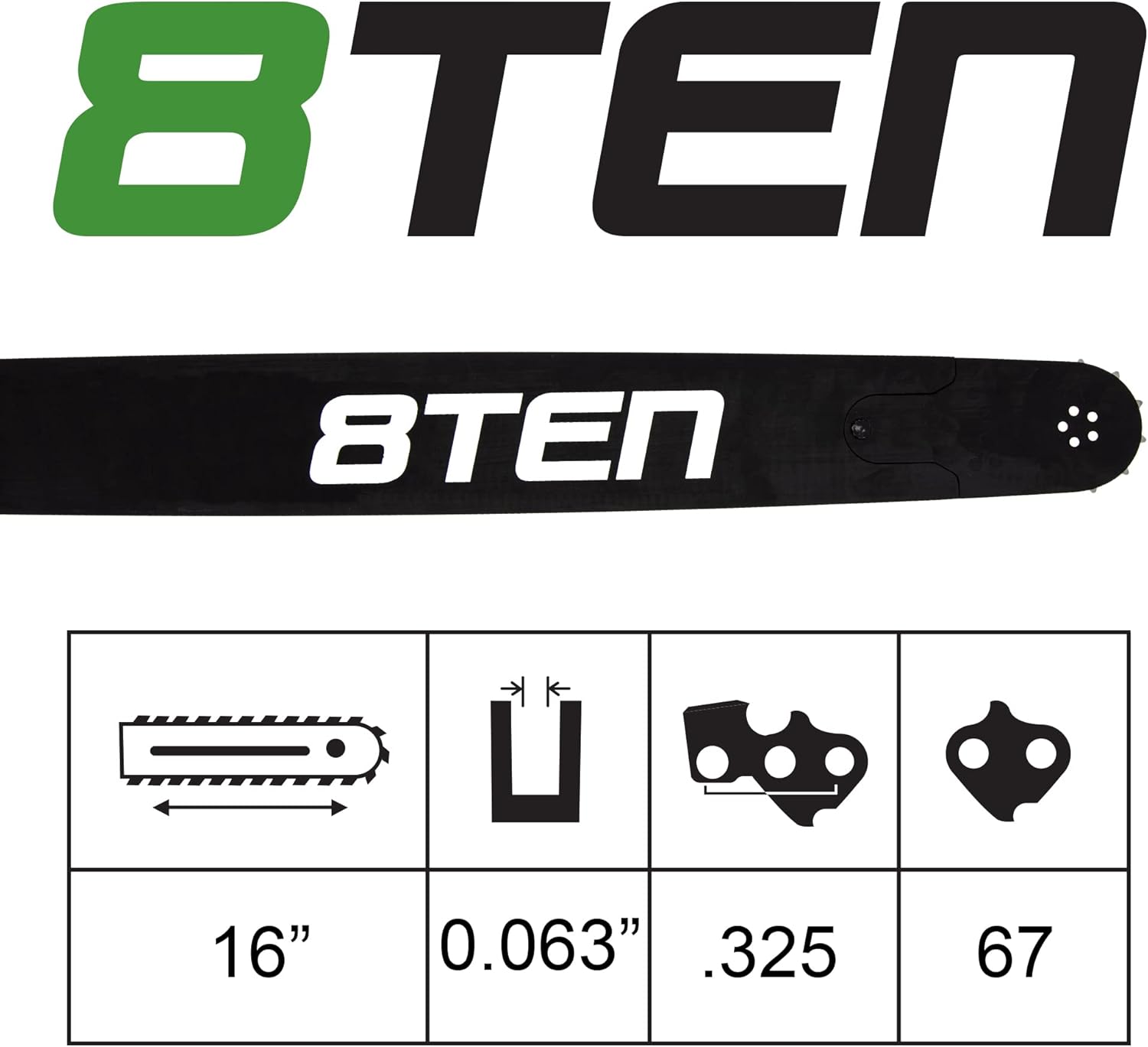 8TEN 16 Inch Chainsaw Guide Bar .063 .325 67DL Chain For Stihl 039 024 036 038 041 064 032 031 056 045 44 56 30030006813 Laminated