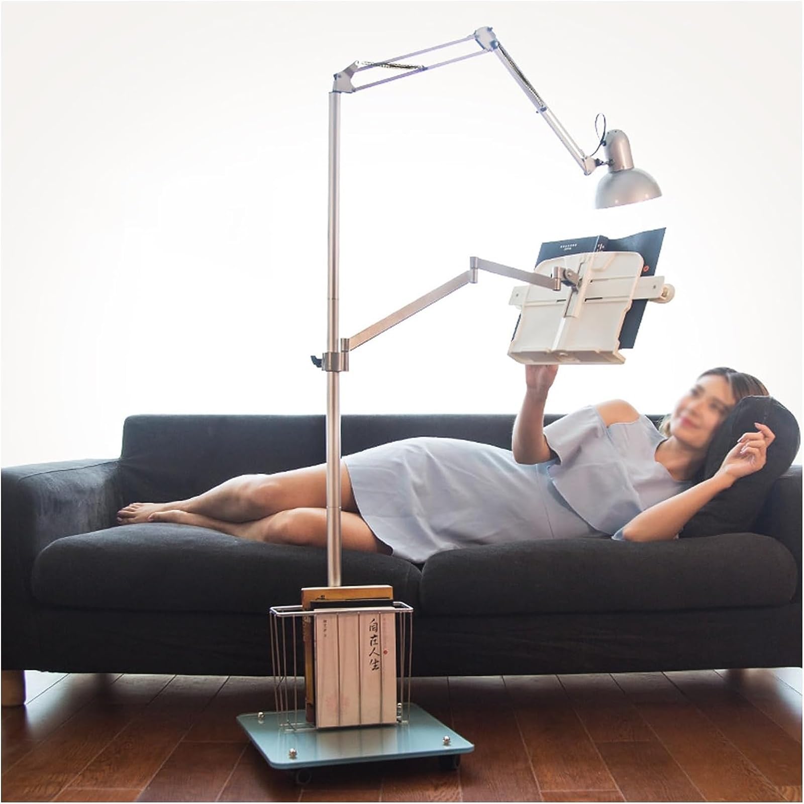 HYUARB Adjustable Book Holder Floor Stand with Lights Wheels and Book Basket Ideal for Reading in Bed Stable