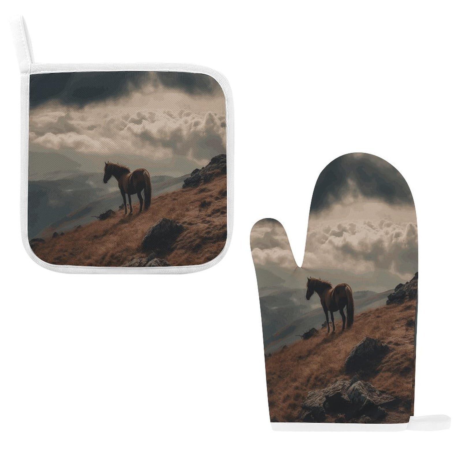 Btcowzrv Style Horse Grazing On The Mountain Oven Mitts And Pot Holders 2Pcs Set