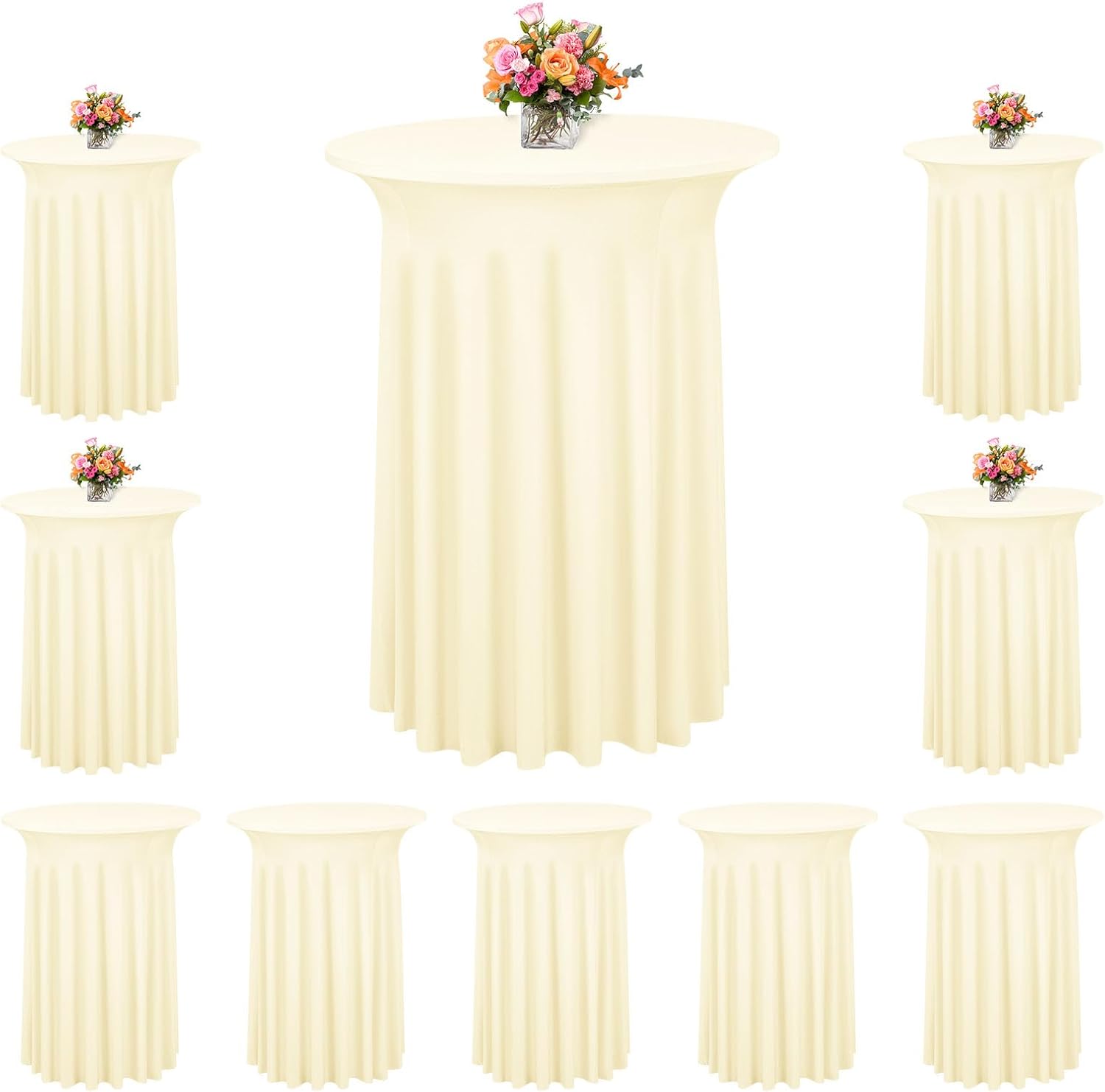 10 Packs Round Cocktail Table Skirt 32\"x 43\" Spandex Stretch Cocktail Table Cloths with Wavy Skirt, Spandex Fitted High Top Table Covers for Wedding Party Birthday Banquet Table (Black10Pack - 32\"x43\"