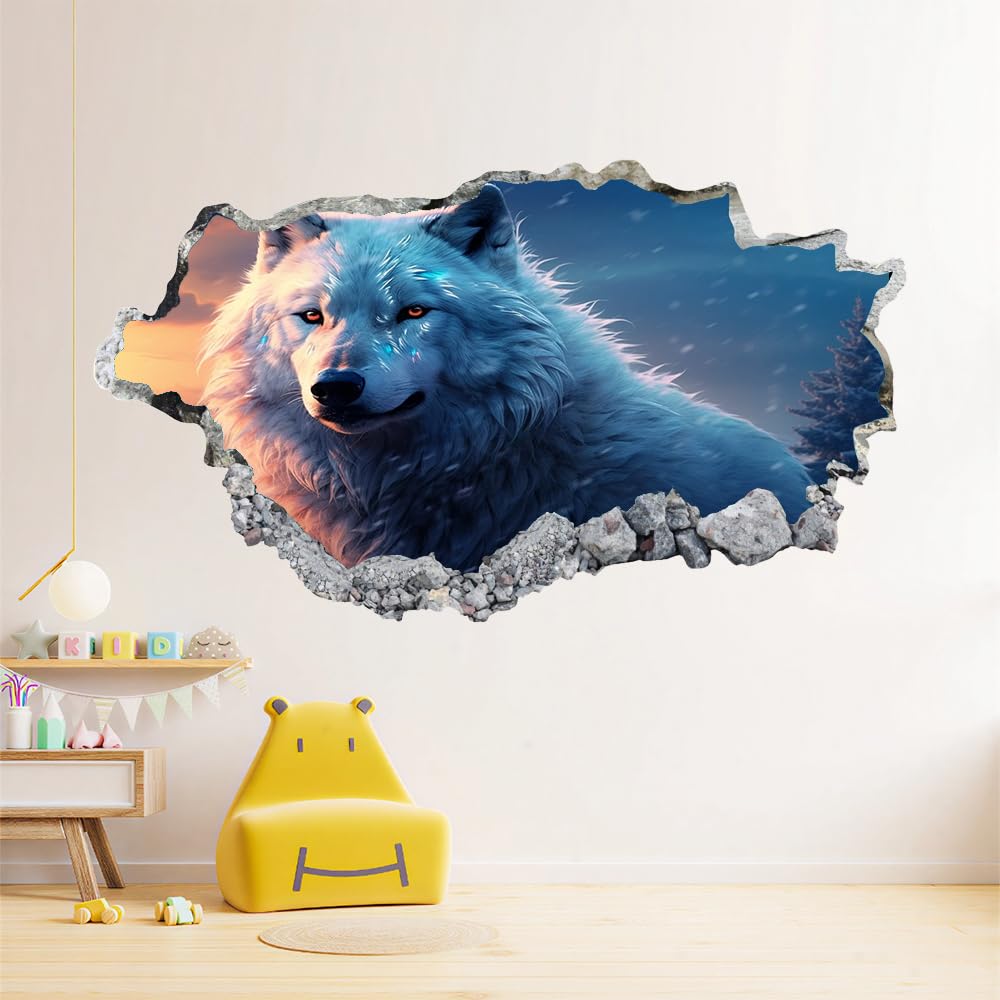 3D Wandtattoo Durchbruch Wanddeko Wolfstiere Wanddurchbruch sticker Wandbild Wandsticker Natur Wohnzimmer Wanddeko Wandaufkleber für Kinderzimmer Mädchen Teenager Zimmer
