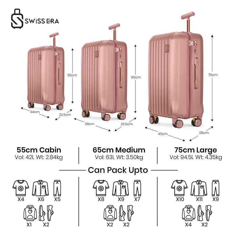Image of Swiss Era Hard Shell Luggage 65 Cms - Premium ABS Spinner 8 Wheels Single Rod Rose Gold Accessories Trolley Bag 24 Inches - Lightweight Trolley Bag for Flight - Rose Gold|24