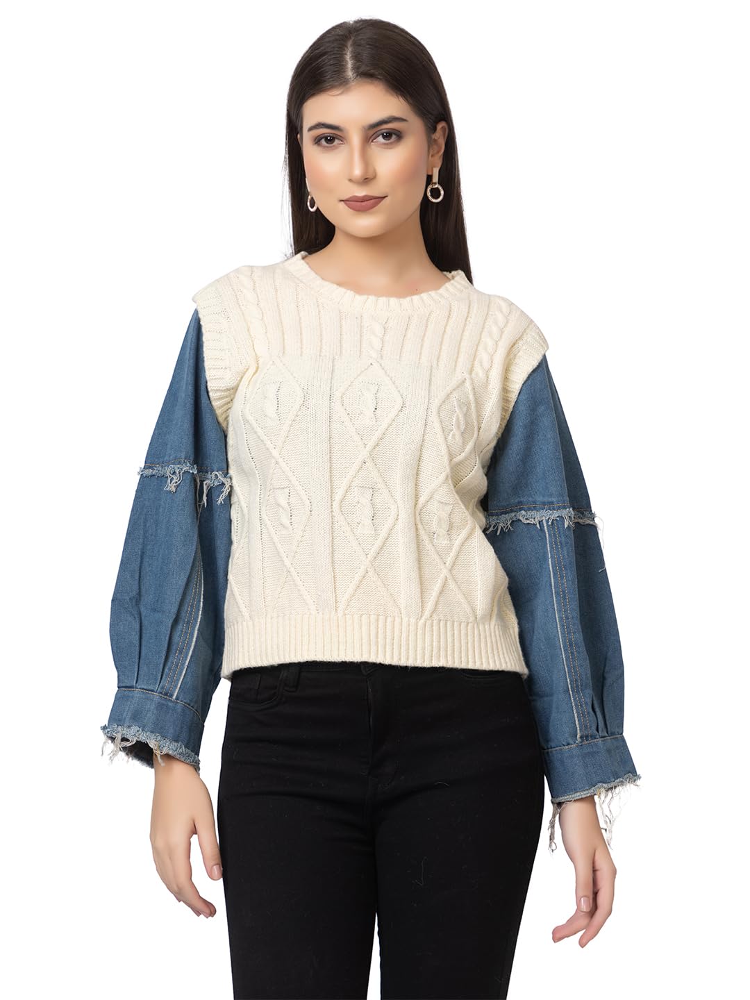 gfo Women's Fancy Denim Sleeves Woollen Top Type Sweaters-picture-18