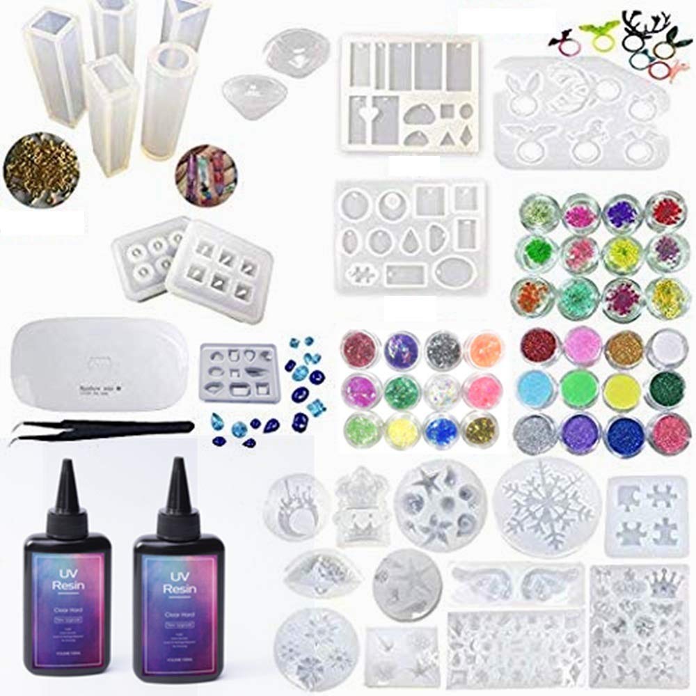 2x100ml Resine UV trasparenti con lampada + 25 stampi in silicone + 36 fiori glitter glassine + occhielli + pinzetta per creazione gioielli pendenti orecchini anelli, NUOVA resina epossidica