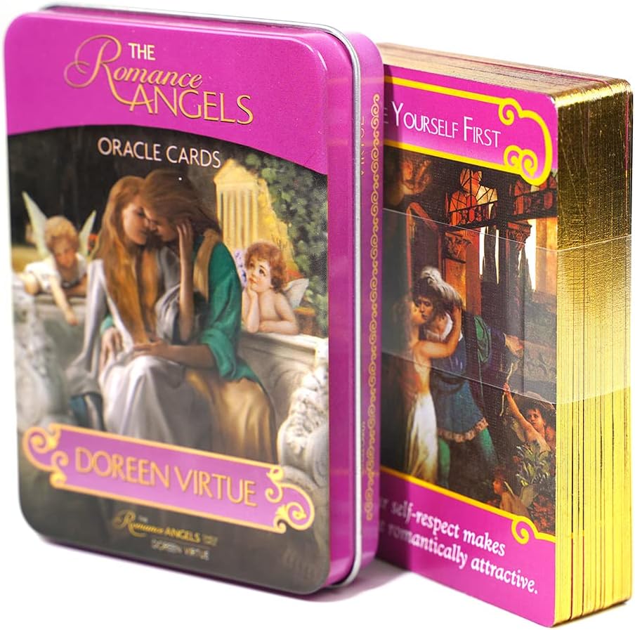 Romance Angels Tarot Oracle Cards Deck by Doreen Virtue - 44 Rare Out of Print Cards, Metal Storage Box with Gold Edge Design, Electronic Instructions