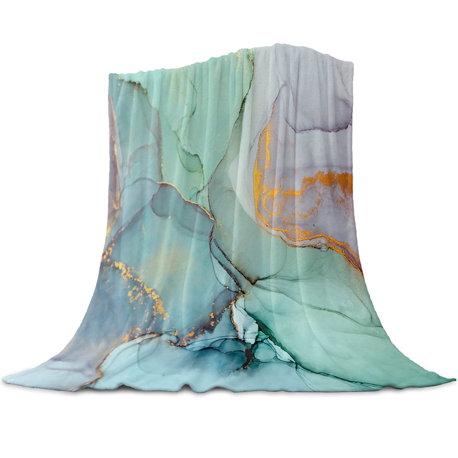 LEO BON Soft Warmer Throw Blankets for All Season Colourful Marble Watercolor Abstract Ink Paint Blue Green Jade Texture Lightweight Microfiber Flannel Blanket Suit for Home Bed, Sofa 39"x49"