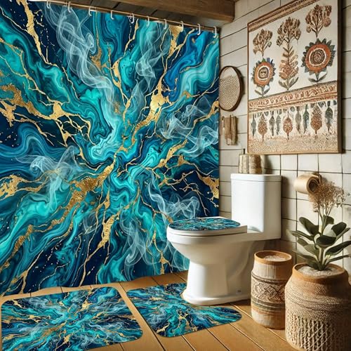 Ensemble de rideaux de douche en polyester abstrait avec tapis de bain - 2