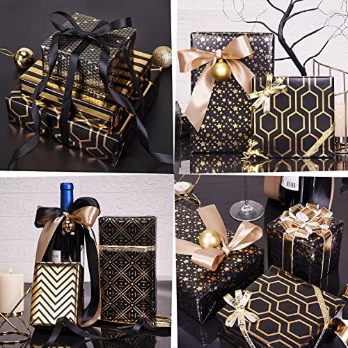 Larcenciel Gift Wrapping Paper Set, 6 Sheets Metallic Black Gold Foil Wrapping Paper w/Gift Bow & Sticker, Shiny Luxury Men Boys Gift Wraps for Birthday, Holiday, Graduation, Baby Shower, 70 X 50 CM - 4