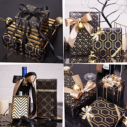 Larcenciel Gift Wrapping Paper Set, 6 Sheets Metallic Black Gold Foil Wrapping Paper w/Gift Bow & Sticker, Shiny Luxury Men Boys Gift Wraps for Birthday, Holiday, Graduation, Baby Shower, 27.5x19.6in - Image 6