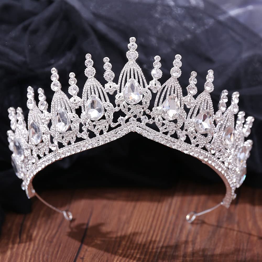 Ręcznie robiona duża korona ślubna ozdoba ślubna do włosów kropla wody Rhinestone kryształowy diadem korona królowej księżniczka tiary biżuteria do włosów obręcz do włosów (kolor metalu: