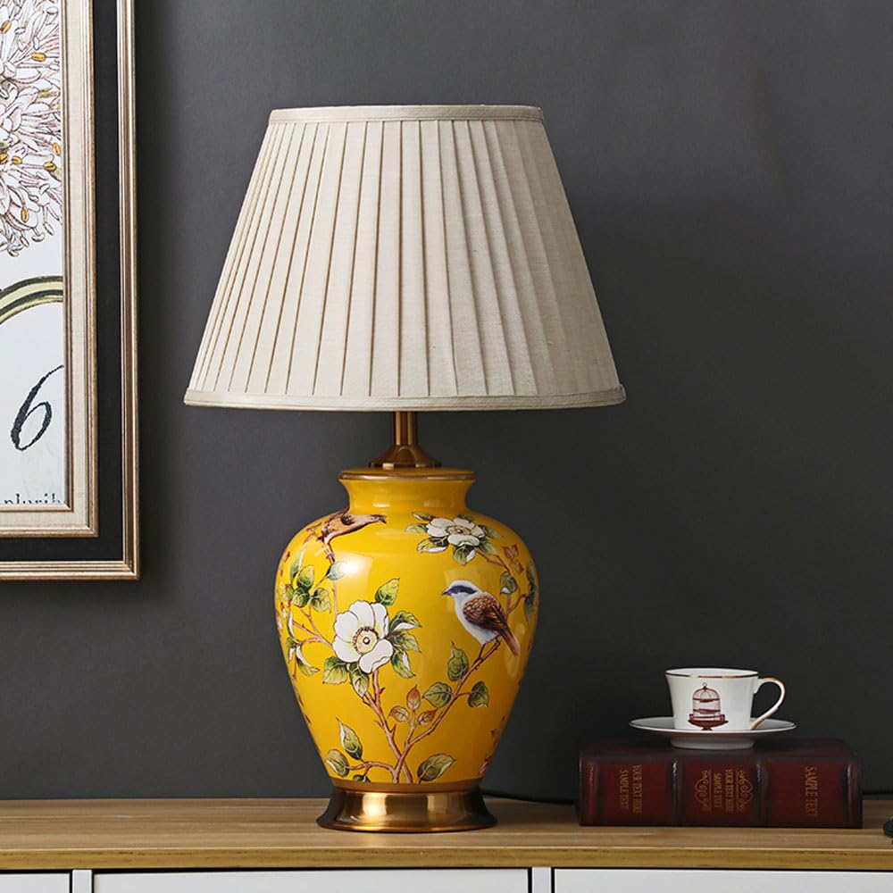asdchZen 25.6" Chinoiserie Table Classic Cottage Bedside Desk Nightstand Lamp Hand-Painted Flower Bird Ceramic Table Lamp For Bedroom Living Room Office College Bookcase-C,A