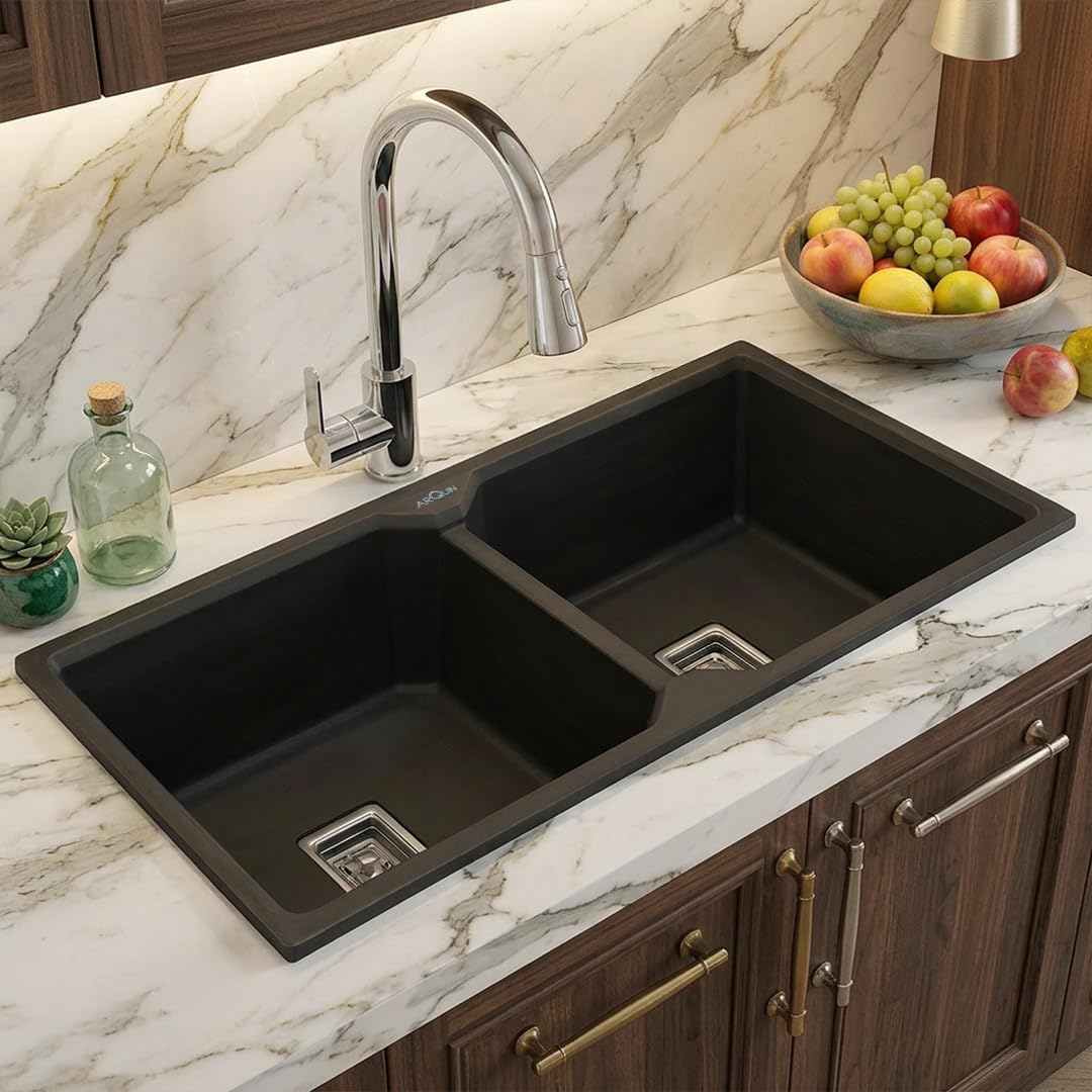 Quartz Kitchen Sink | 37 x 18 x 9 Inches Black Double Bowl Sink for Kitchen | Granite, UV Protected, Undermount/Topmount Noise Reducing Quartz Basin Sinks-image-31