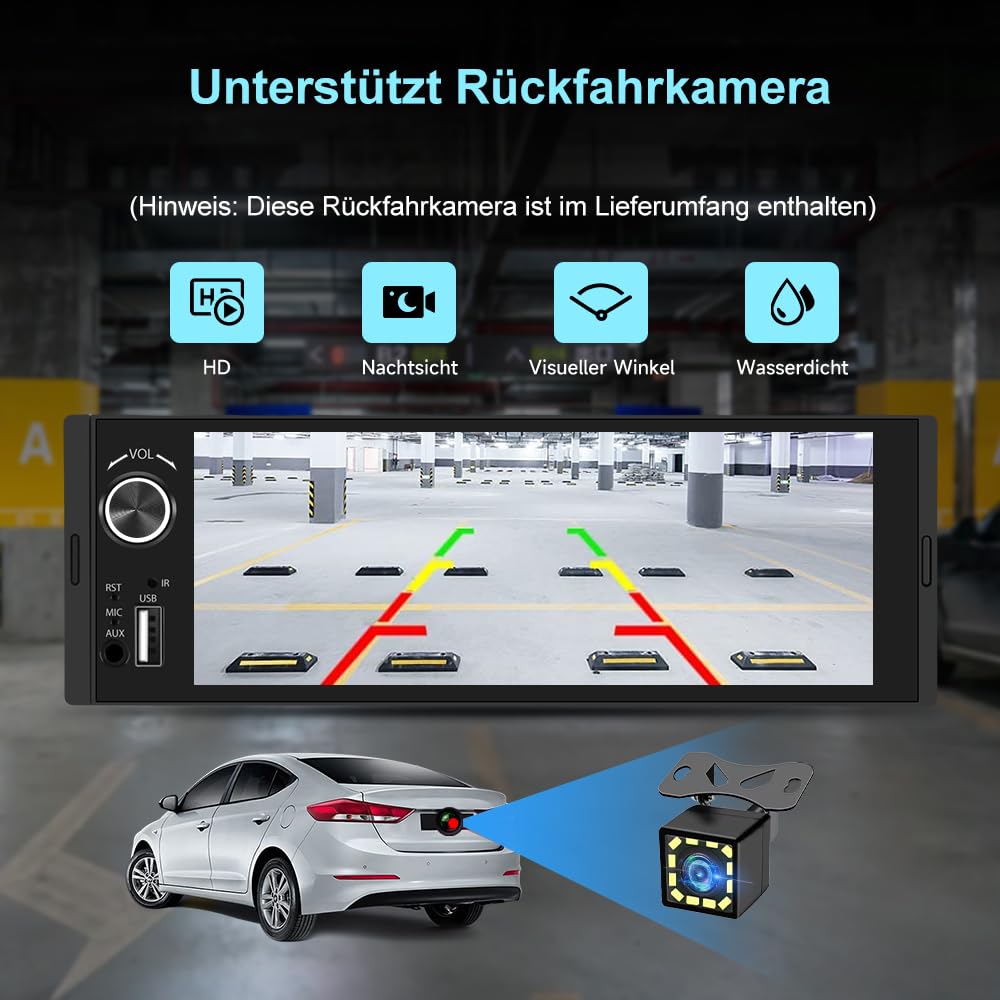 Junsun 1-DIN Autoradio mit 6,36 Zoll IPS-Touchscreen CarPlay & Android Auto, Lenkradsteuerung, Rückfahrkamera-Anschluss, USB, externes Mikrofon & RDS