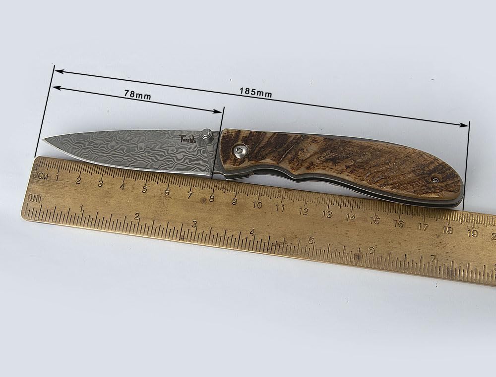 Damascus Acciaio Pieghevole Pocket Knife, 3.1 "lama con guaina in pelle, EDC coltello per il campeggio quotidiano all'aperto Strumenti di escursionismo Regali (4" Ram Horn Handle)