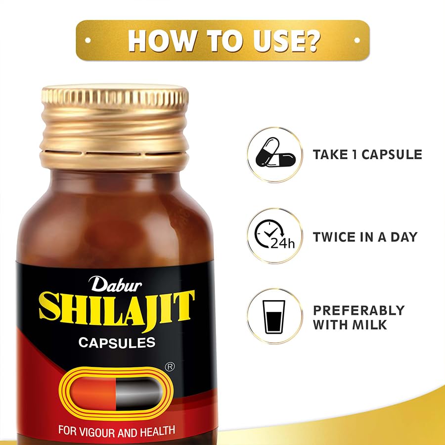 Image of Dabur Shilajit Ayurvedic Capsules - 30 capsules | Pure Shilajit with Antifatigue and Anti Inflammatory Benefits | For Vigour, Strength and Ayuvedic Health | Immunity Booster
