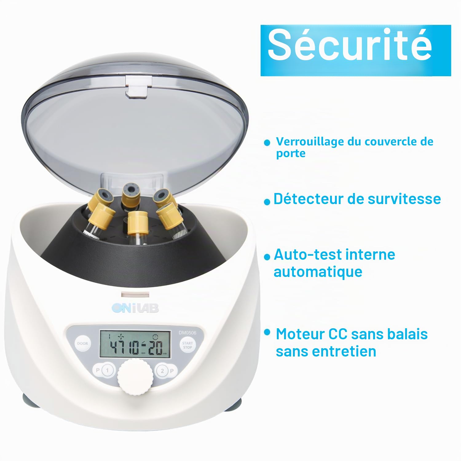 ONiLAB Centrifugeuse de table de laboratoire PRP 6 x 15 mL/10 mL/7 ml/1,5-5 ml, 300-5000 tr/min (max. 2600 xg RCF), minuteur de centrifugeuse numérique LCD de bureau 30 sec-99 min, deux programmes de
