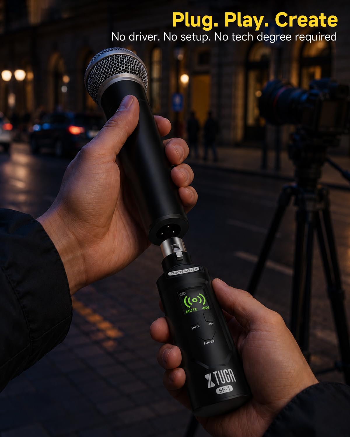 XTUGA Émetteur et récepteur XLR sans fil SF-1, émetteur-récepteur de microphone 2,4 G avec alimentation fantôme 48 V, adaptateur de micro rechargeable pour microphones dynamiques/condensateurs