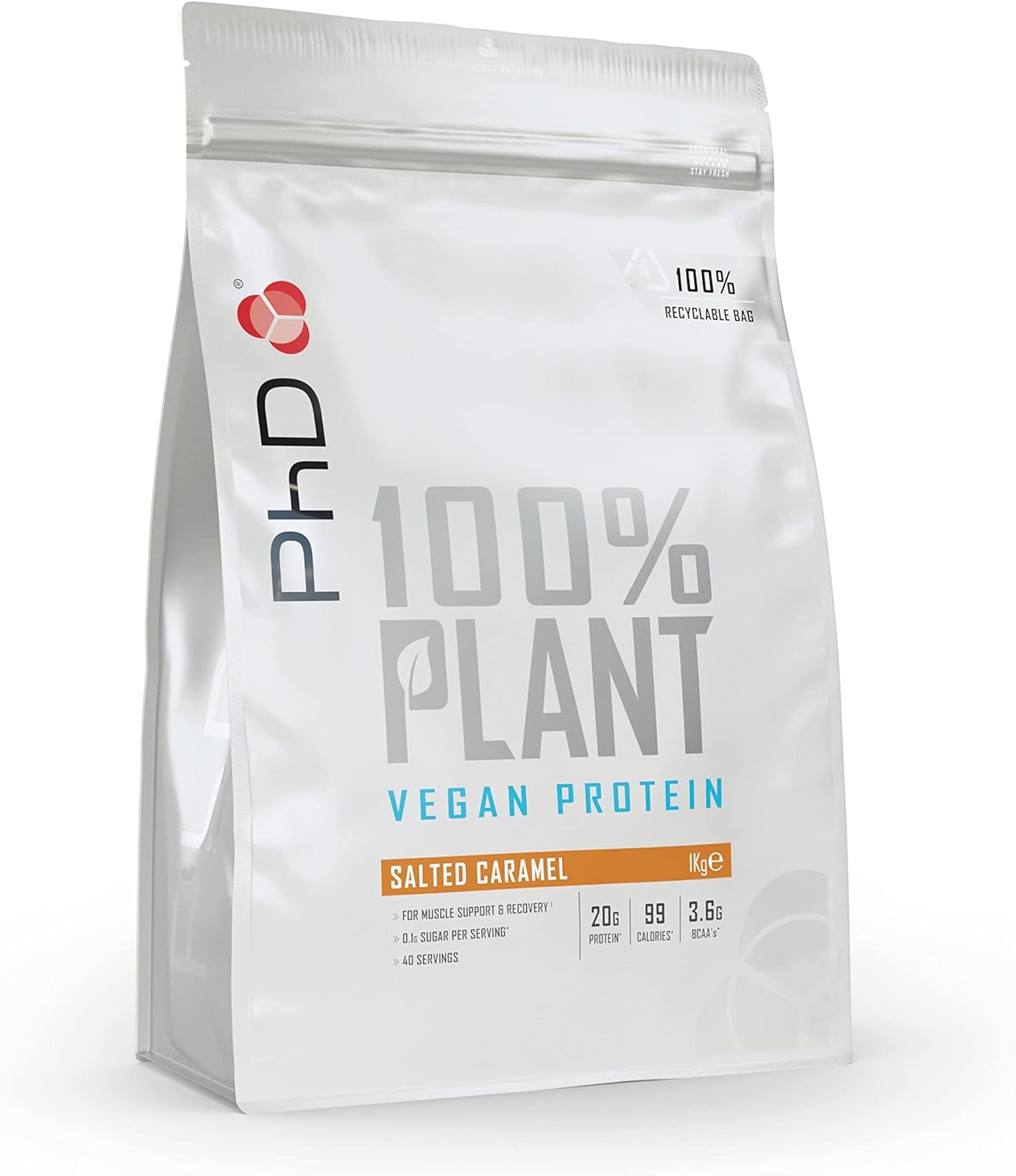 PhD Nutrition 100 Percent Plant Vegan Protein Powder, Rich in BCAA and Low Calorie, Salted Caramel, 20g of Plant Based Protein, 40 Servings per 1 kg Bag,