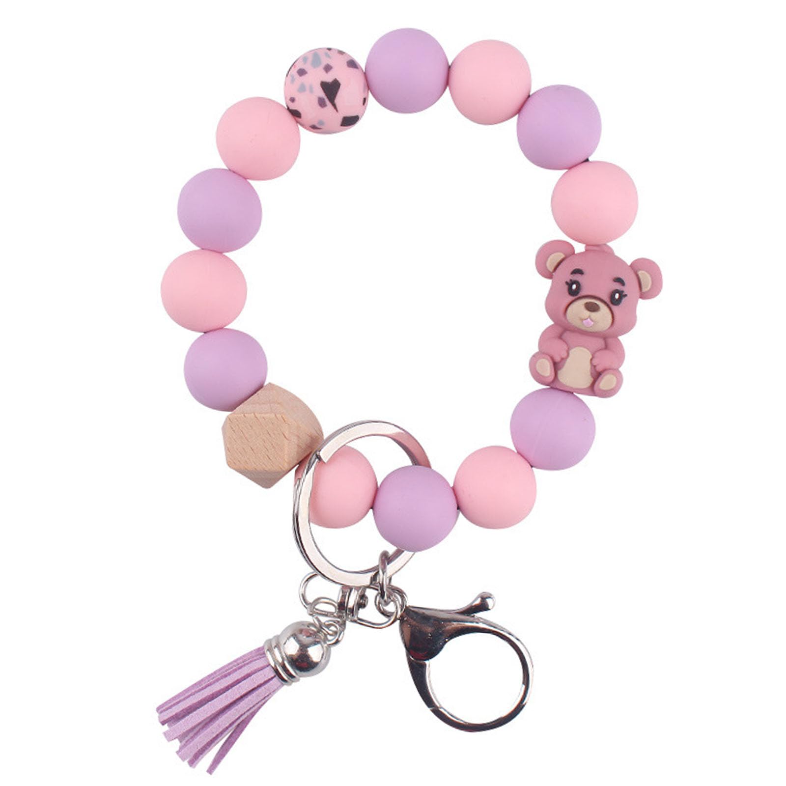 Phamines Silicone Bracelet Keychains for Women, Key Ring for Car Keys Holder, Leopard Bear Charms Beaded Wristlet Bracelets