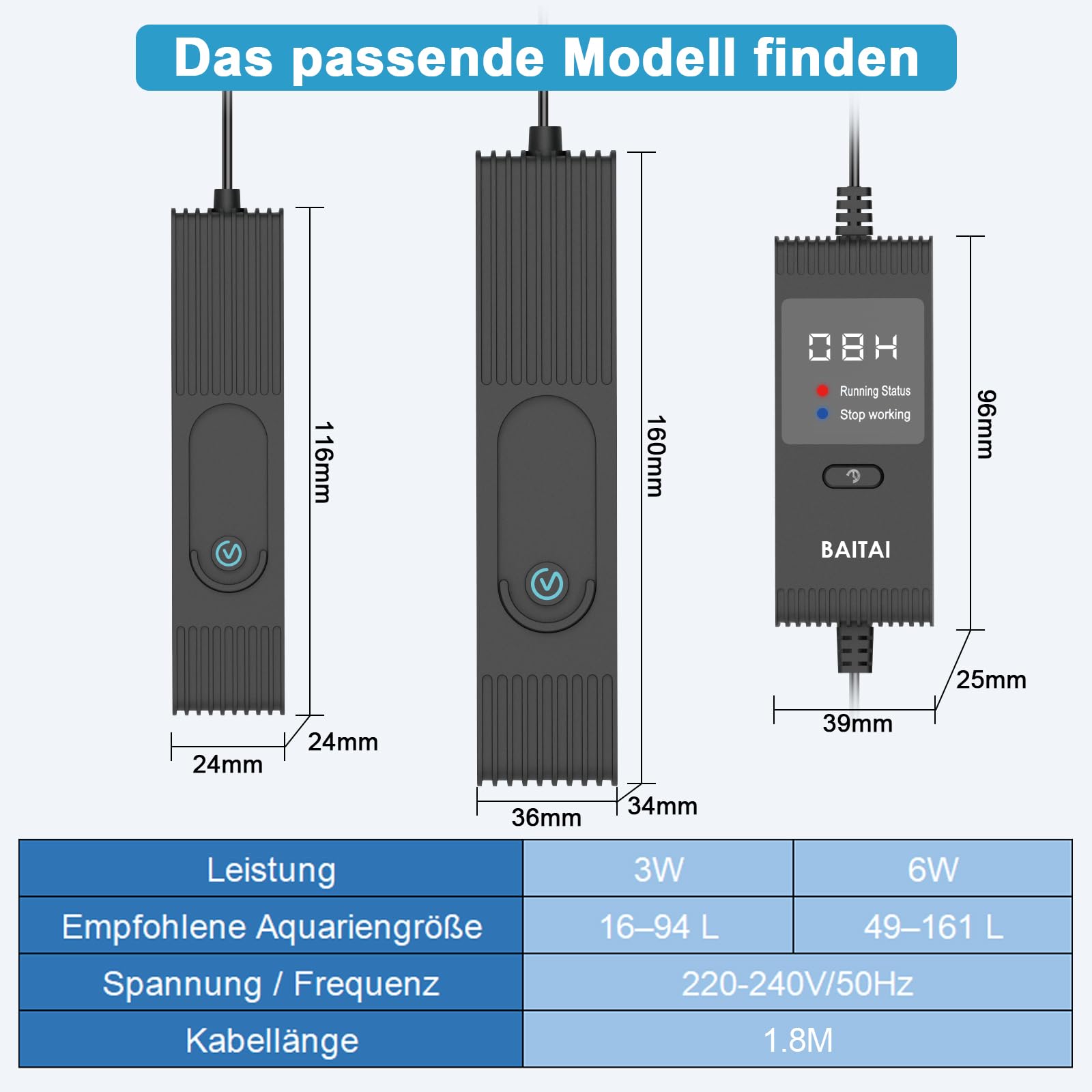 Aquarium UV Sterilisator 6W mit Timer, Vollständig Tauchfähig, Quarzversiegelt zur Abtötung von Bakterien & Algen, für 49–161L Aquarien