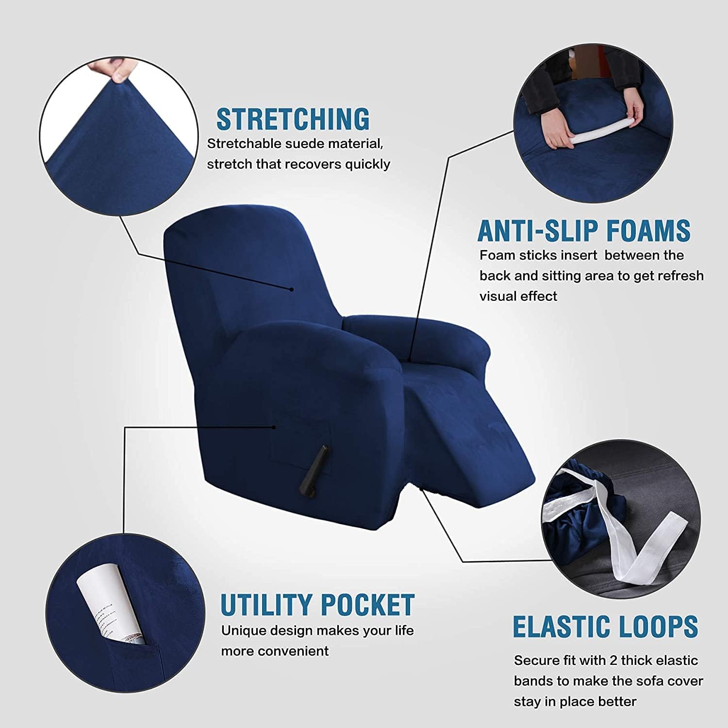 Waterproof Repellent Recliner Chair Cover, 4 Piece Manual Recliner Cover with Release Pull Handle Hole Soft Reclining Armchair Slipcover (Brown)