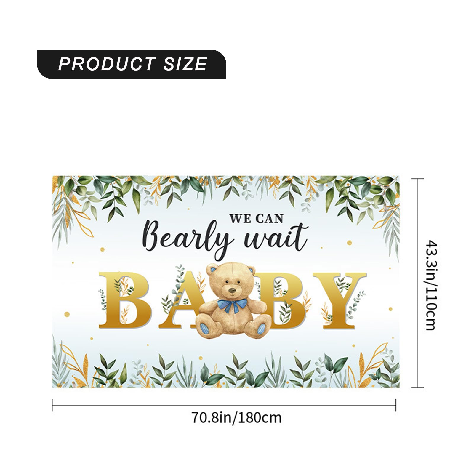Fotohintergrund Für Babyparty – Motiv 'We Can Bearly Wait' Mit Bär & Eukalyptus | 180x110 Cm Vinyl