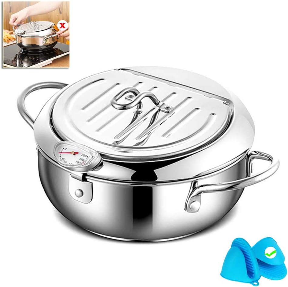 WSHA Japanese Deep Frying Pot Stainless Steel Tempura Oil Fryer Pan with Anti-Scald Gloves Oil Drip Rack Lid, Fit for Hot Plate and Gas Stove - 3.2L