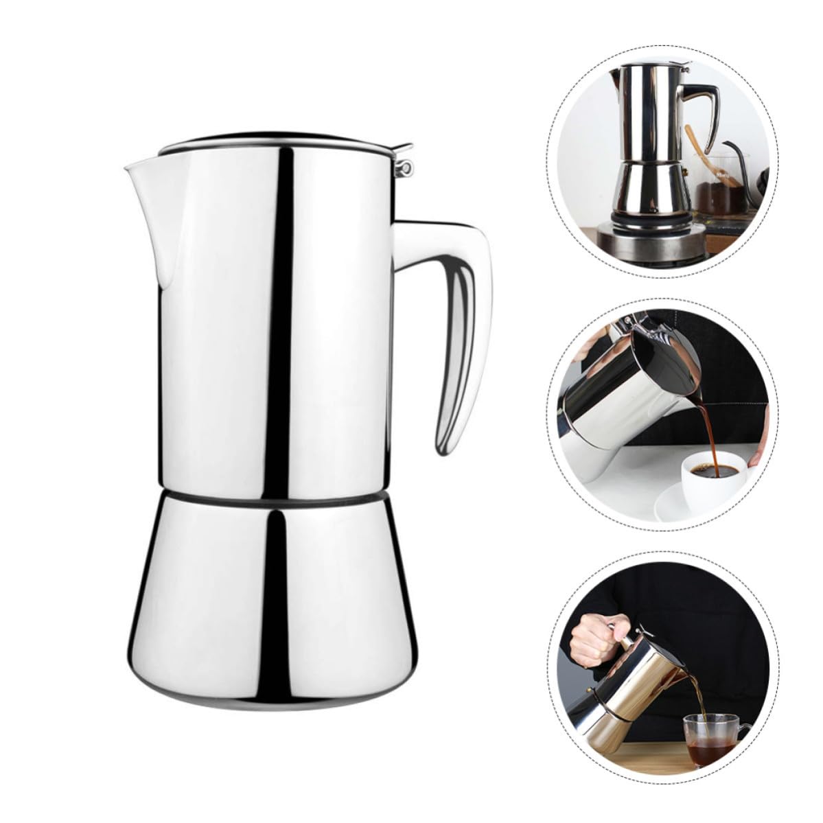 Cafetera Moka de Acero Inoxidable 304 para Café Expreso | Plata, Apta para Inducción y Llama Abierta, Agarre Estilizado, Uso en Café y Oficina