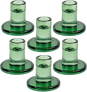 Short Green Glass Candlestick Holders 6PCS for 7/8 in Taper Candles | Compatible with taper candles 5/67/8 in diameter; For table, windowsill & mantel seasonal home decor