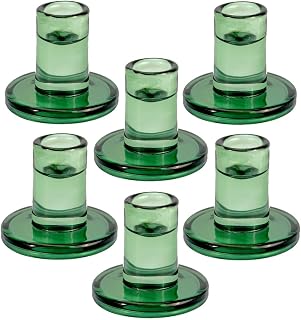 TELOSMA Green Glass Candlestick Holders 6PCS, Short Candle Holders fit to Taper Candles which Diameter 5/6-7/8 inch- Summer Dinner Table Decor, Winter Windowsills/Fireplace Mantel Centerpiece