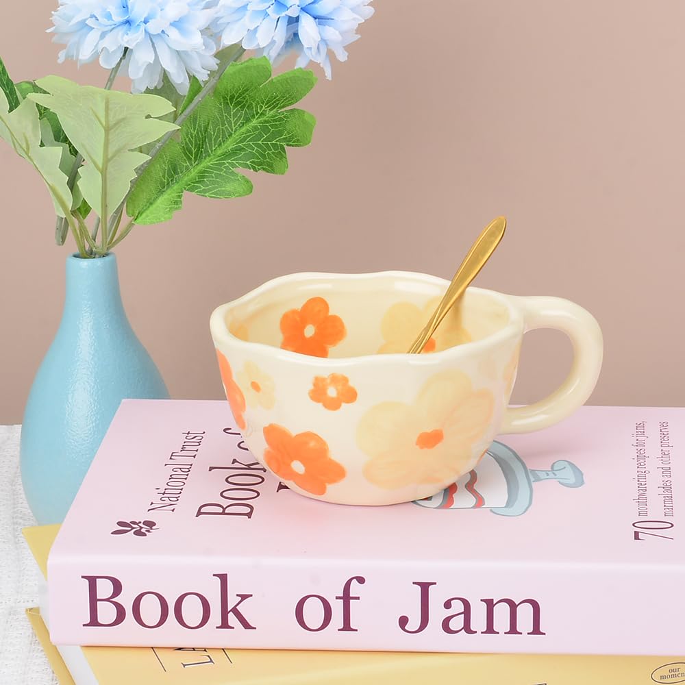 XinHuiGY Cute Coffee Mug, Ceramic Tea Mugs, Handmade Irregular Coffee Cup, Orange Flower Mug with Spoon - Image 2