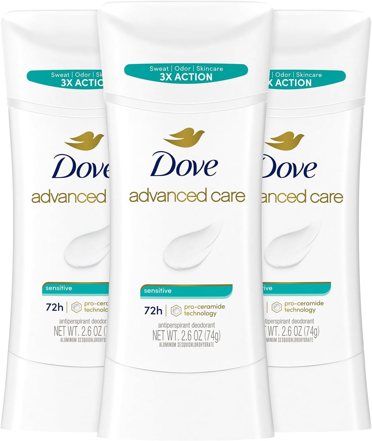 Dove Advanced Care Antiperspirant Deodorant, Sensitive, Unscented 3-Pack โ 72 Hours of Odor & All Day Wetness Protection, 2.6 Oz Ea