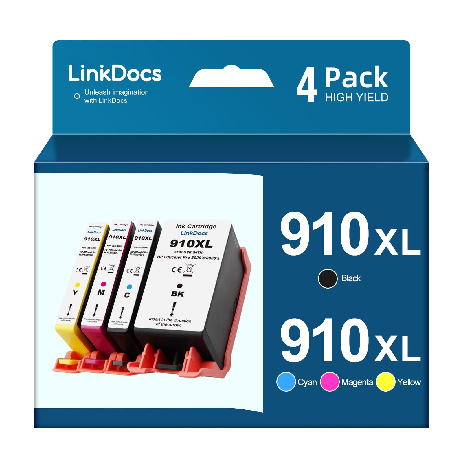 LinkDocsReamnufactured 910XL Ink Cartridges Combo Pack Replacement for HP 910XL Used with HP OfficeJet Pro 8025 8028 8034 8035 8010 8015 8018 8022 8020 8030 Series Printer (4 Pack, Black & CMY)
