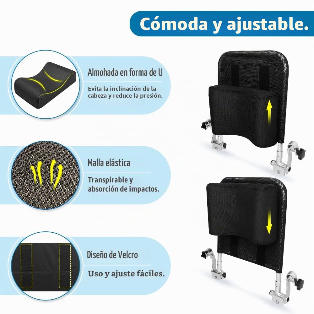 Soporte para cuello Reposacabezas silla de ruedas Acolchado de la cabeza Cojín portátil y ajustable para 16-20” Adultos viaje sillas de ruedas de universal Accesorios (negro)