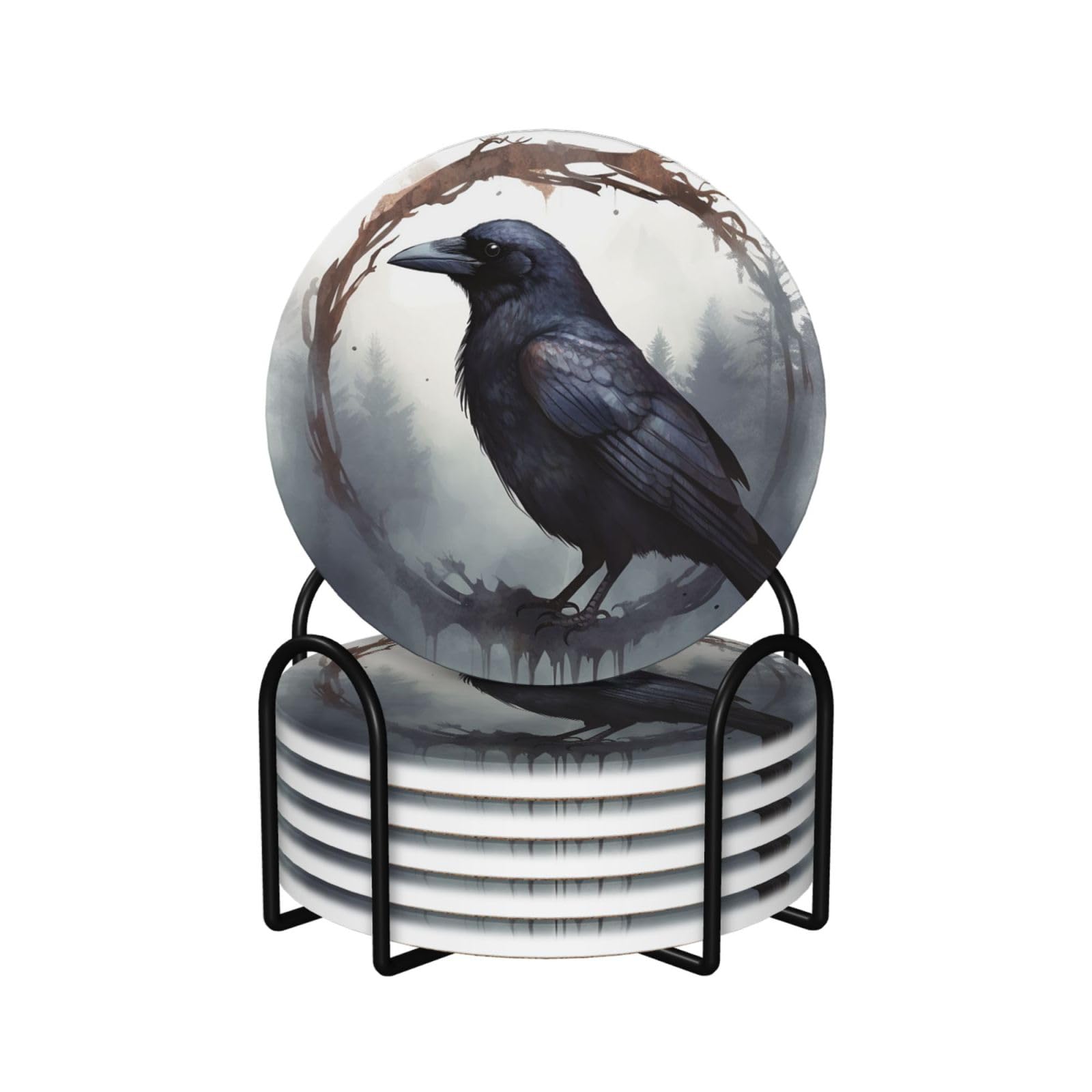 6Pcs Ceramics Coaster for Drinks, Black Crow Cup Coasters with Holder, Aesthetic Drink Coasters for Coffee Table, Absorbent Round Coaster for Tabletop Protection 4" Cup Mat Pad
