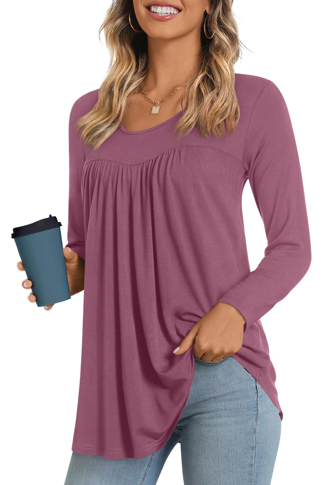 LONGYUAN Women's Long Sleeve Casual Tunics Tops 2025 Winter Loose Shirts Flare Blouse Comfy Elastic Cute