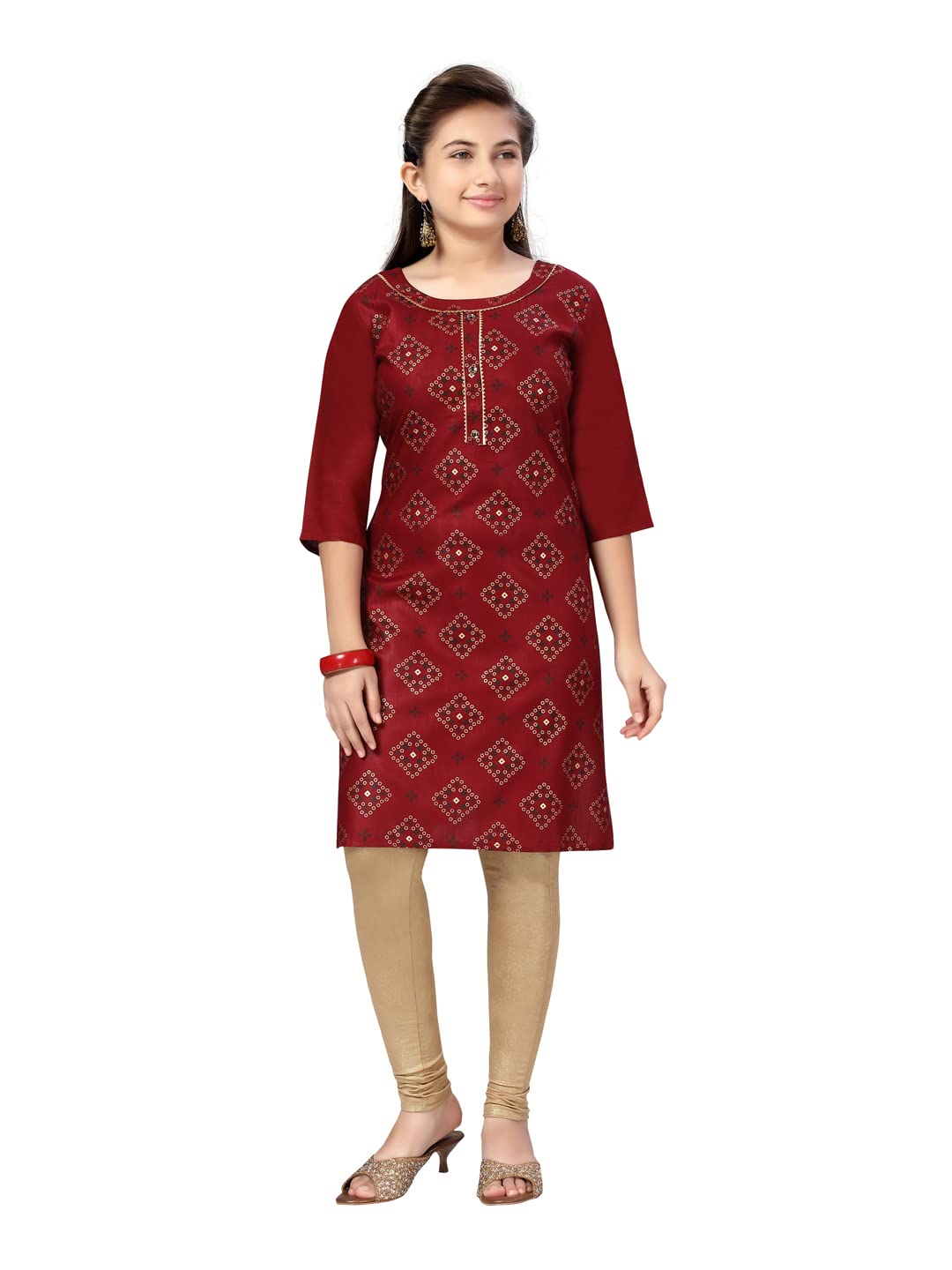 Aarika Girl's Cotton Kurti Legging Set (Kl-F-19_Maroon-Fawn_36)