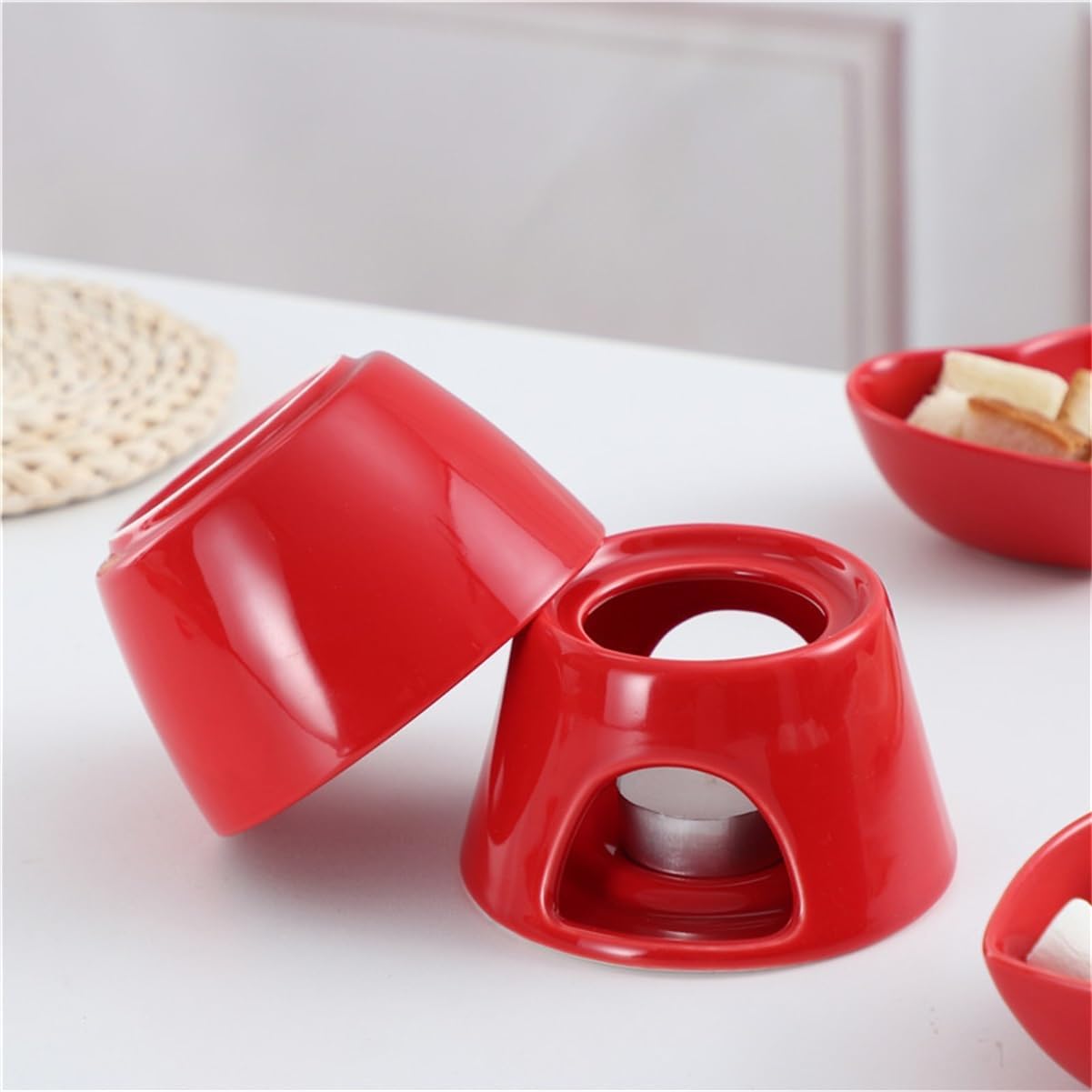 Red Ceramic Chocolate Fondue Pot With Heating Stove - Portable, Ultra-Flexible For Cheese & Ice Cream, Includes Forks & Easy To Clean, 4 Pieces