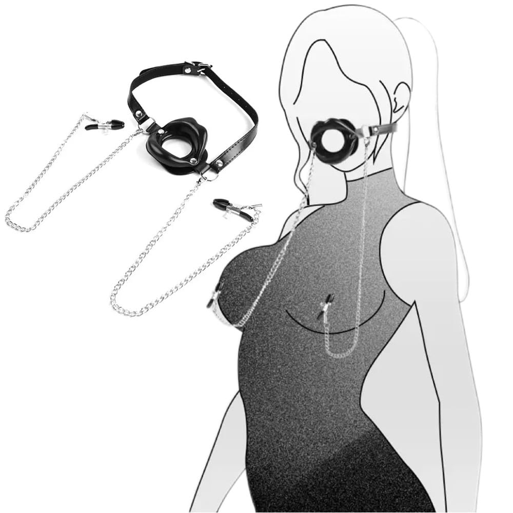BAOQISHAN smグッズ sm 拘束具 口枷 乳首 クリップ 乳首チェーンアイマスク付き口枷セット 固定用リング付き 女性 アダルトグッズ 男性用 口枷 乳首攻め 乳首責め ボールギャグ さるぐつわ 女 ギャグボール 乳首開発 乳首 クリップ 唇開き 拘束 さるぐつわ 開口器 あだるとグッズ 大人のおもちゃ (ブラック)