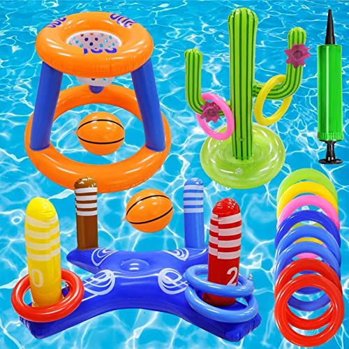 Albercas Inflables, Outdoors EOTOW Juego de Juguetes de Piscina, 13 Piezas de Juguetes de Agua, Anillo de Baloncesto de Piscina, Juego de Lanzamiento de Anillo Cruzado Inflable, Juguetes de...