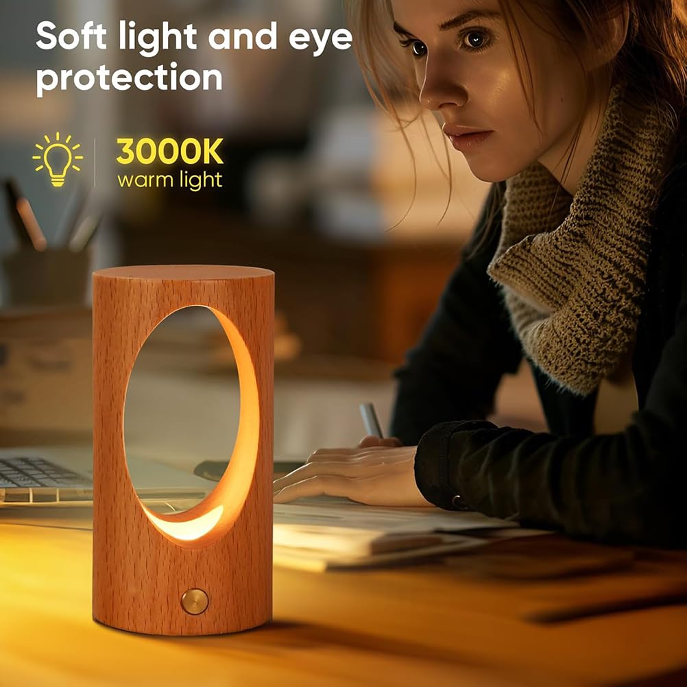 Holz Tischlampe Kabellos Akku Tischleuchte LED Dimmbar Touch Lampe mit Schalter Warmes Weiß 3000K Innen Baum Loch Wiederaufladbar Nachtlicht Runde Lampe Nachttischlampe für Schlafzimmer Kind