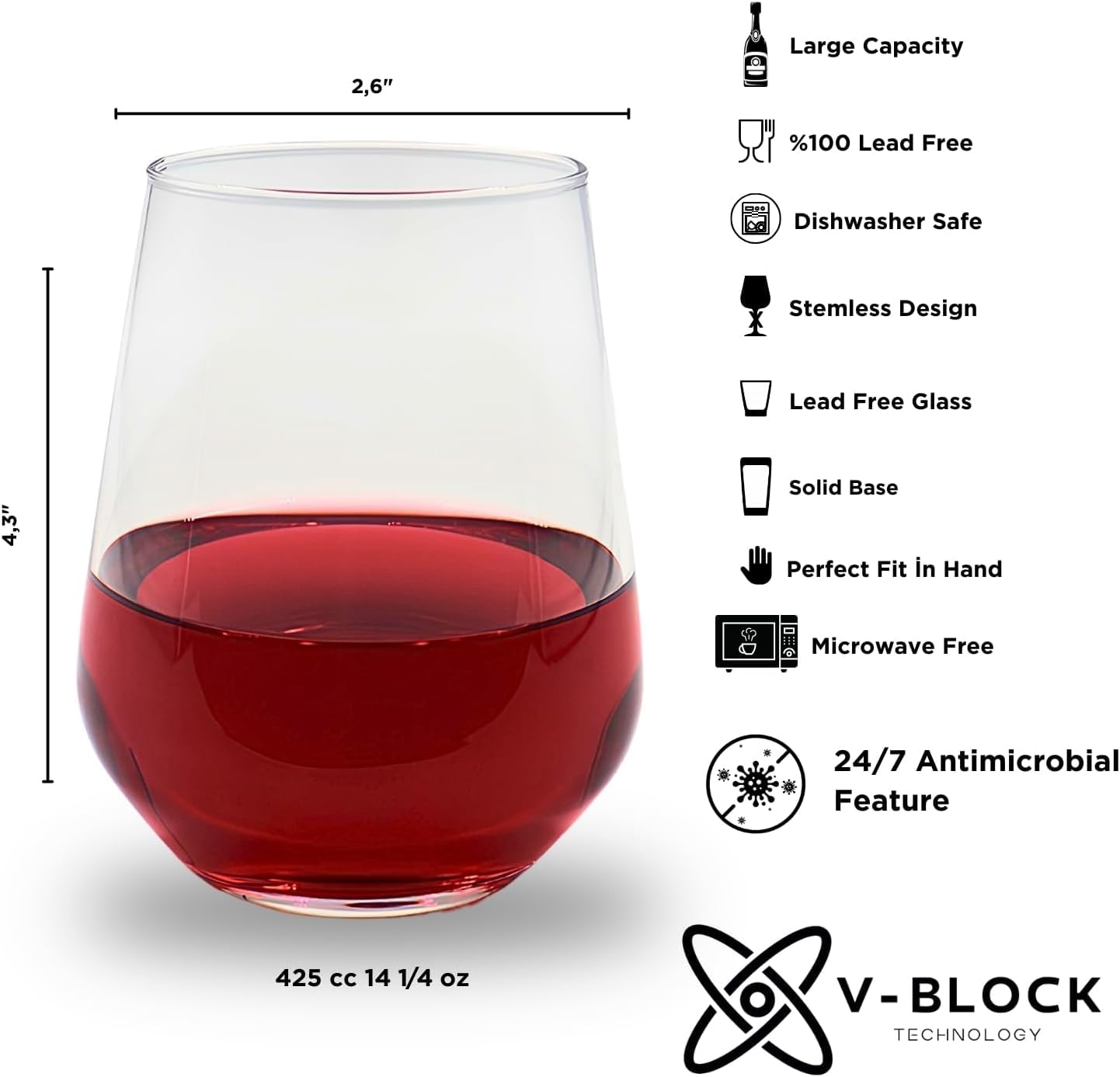 ums Stemless Wine Glasses Set of 6, 13 oz, Ideal for Cocktails, Red & White Wine and Scotch for Homes and Bars, Tumblers for Juice, Water Glasses, European Made 100% Lead-Free Strong Crystal Glasses