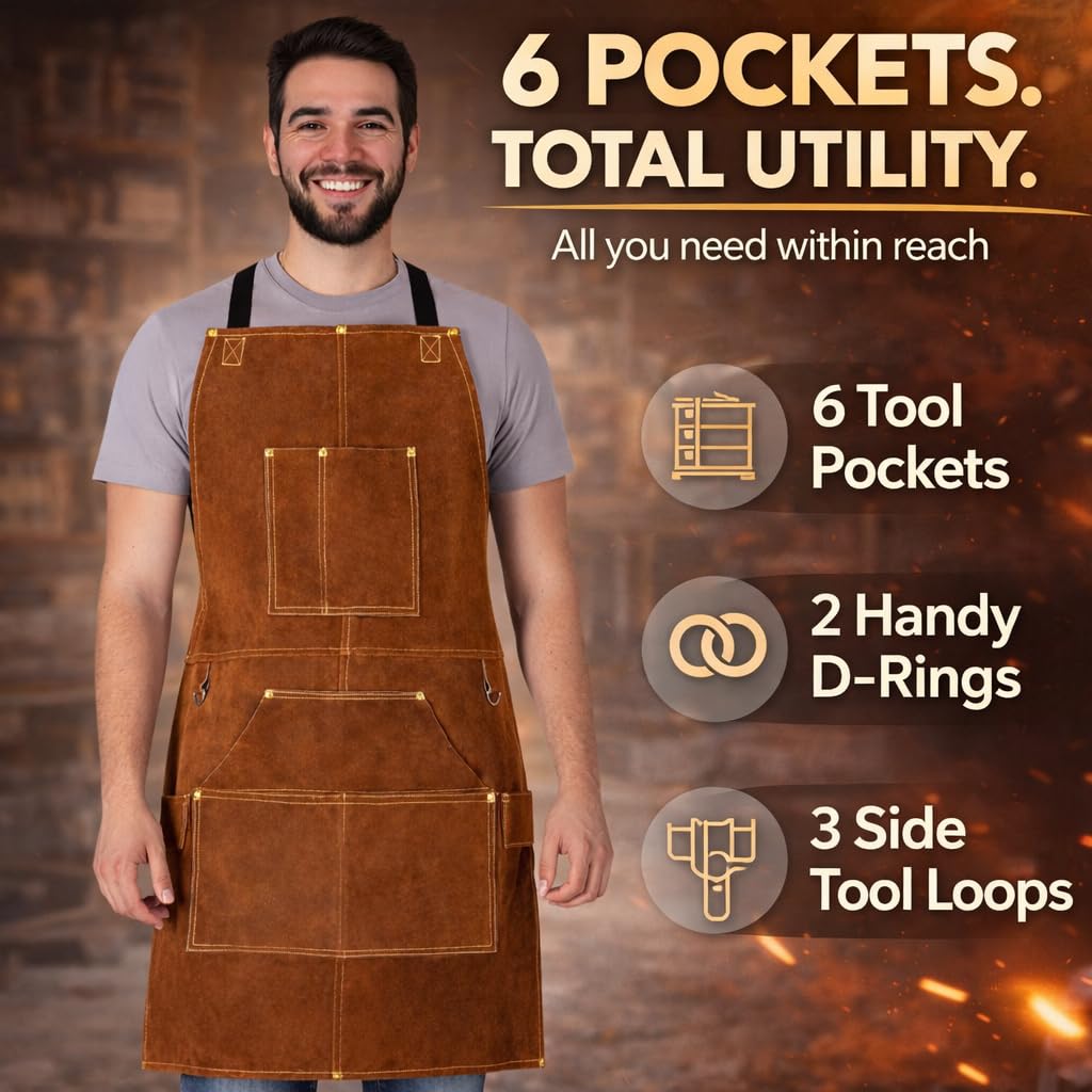 BWOLF SMITH Grembiule Saldatore in Pelle per Lavoro di Legno | Grembiule per Falegname con 6 Tasche | Grembiule per Saldatura e Resistente | Resistente al Calore | Regolabile