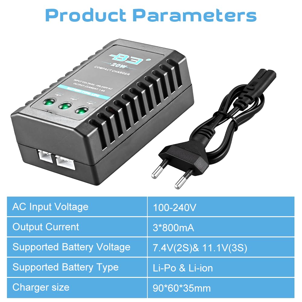 B3 Lipo ładowarka 20 W do akumulatora 2S 3S (7,4 V, 11,1 V), Lipo Charger Balancer z wtyczką XH-3P i XH-4P, 1600 mA RC ładowarka do samochodów RC, łodzi, dronów i broni Airsoft