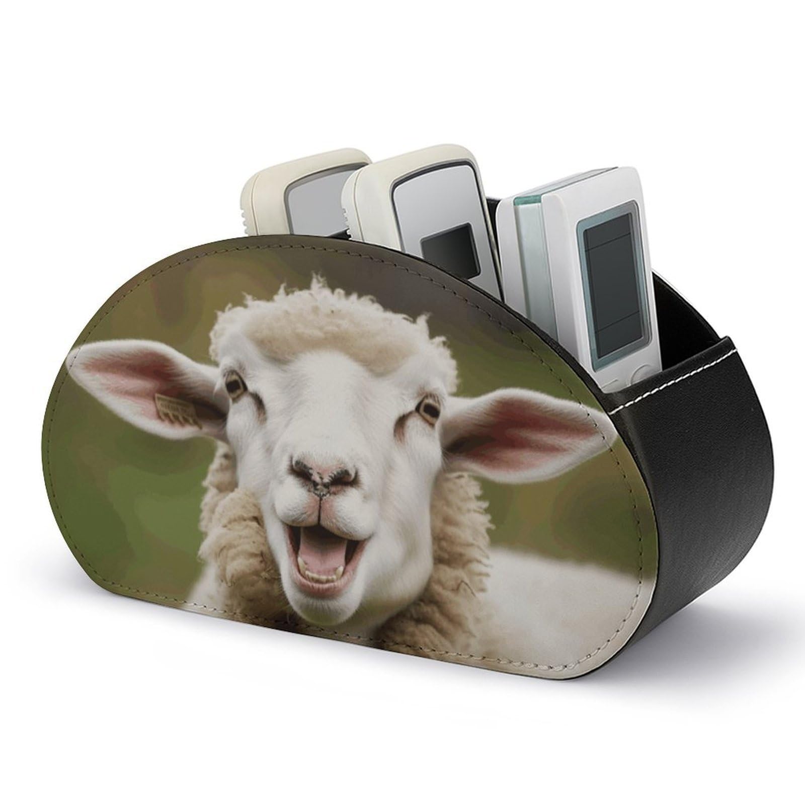 VstaDank Funny Naughty Sheep Tongue Cute Animal Remote Control Holder with 5 Compartments PU Leather Remote Caddy Desktop Organizer Store TV Remote Control Storage Box for Home Office Desk Nightstand