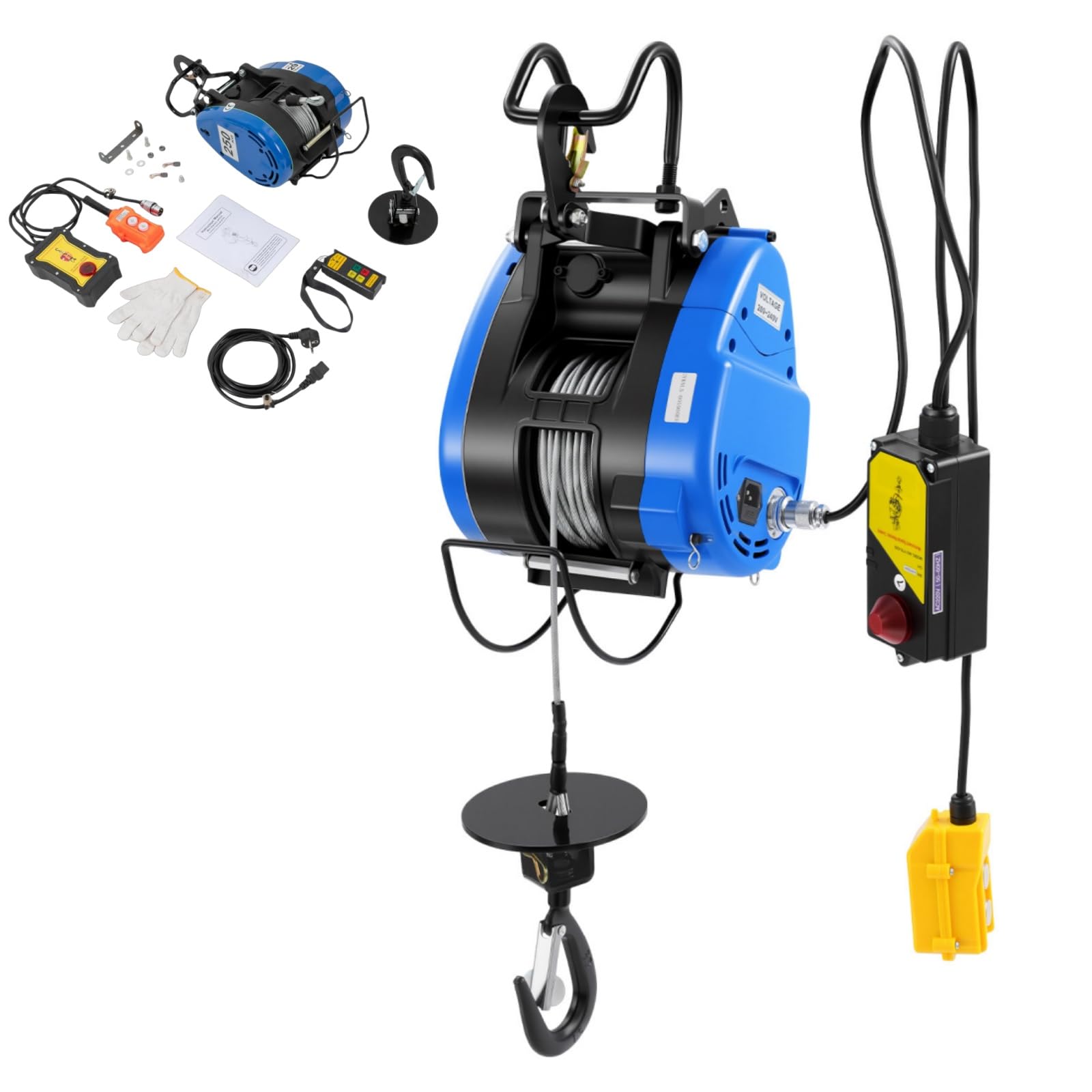 Treuil électrique 220V 1500W – Treuil électrique à câble Grue de Levage Treuil Motorisé 30M Palan à Câble+Télécommande 250KG Avec Câble+Interrupteur d'arrêt d'urgence Classe de Protection
